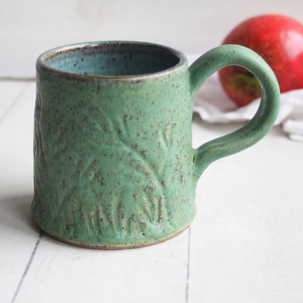 Image of Hand Carved Rustic Copper Green Mug, 12 Ounce Coffee Cup with Floral Design, Made in USA