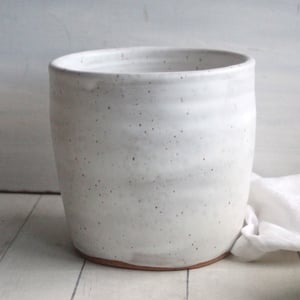 Image of Large Utensil Holder in Matte White and Speckled Stoneware, Handmade Ceramic Kitchen Crock