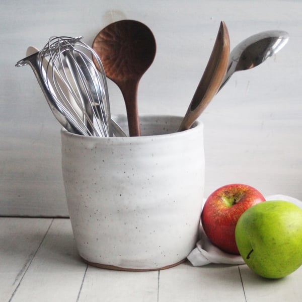 Image of Large Utensil Holder in Matte White and Speckled Stoneware, Handmade Ceramic Kitchen Crock