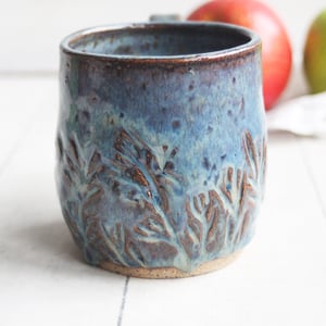 Image of Hand Carved Rustic Blue Stoneware Mug, Hand Carved Floral Design, Made in USA