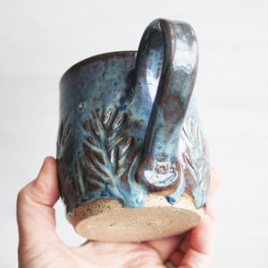 Image of Hand Carved Rustic Blue Stoneware Mug, Hand Carved Floral Design, Made in USA