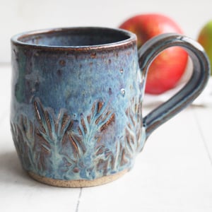 Image of Hand Carved Rustic Blue Stoneware Mug, Hand Carved Floral Design, Made in USA