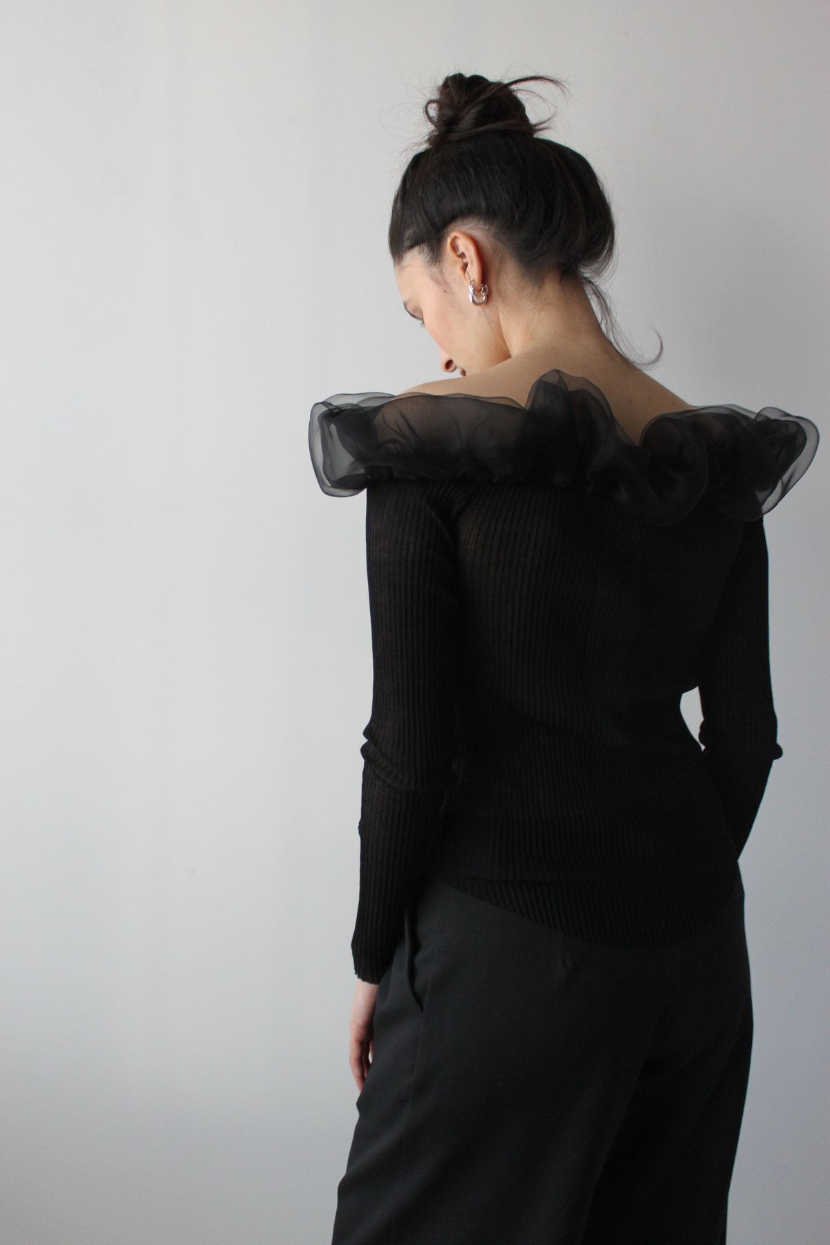 Made to Order- Off-shoulder double layer organza jersey top