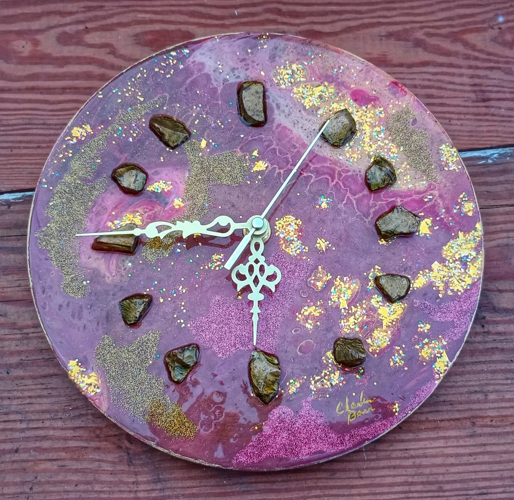 Image of "Cherries Flambe'" Handmade Painted/Embellished 9inch Wooden Clock