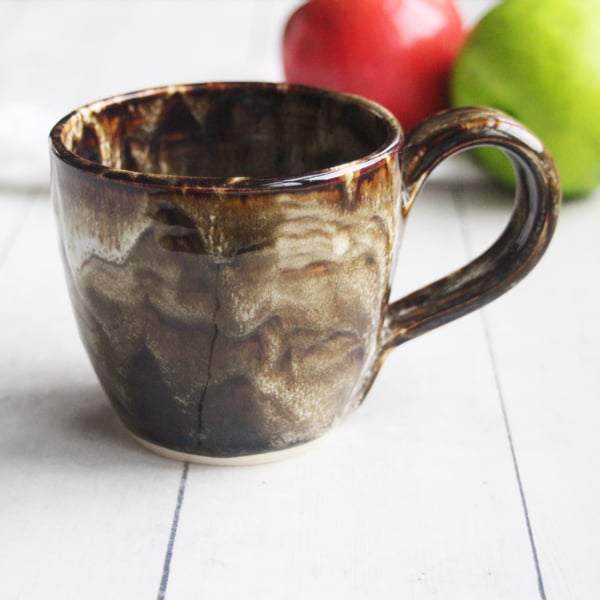 Image of Handmade Mug with Dripping Earthy Brown and Melting Marshmallow Glaze, Made in USA