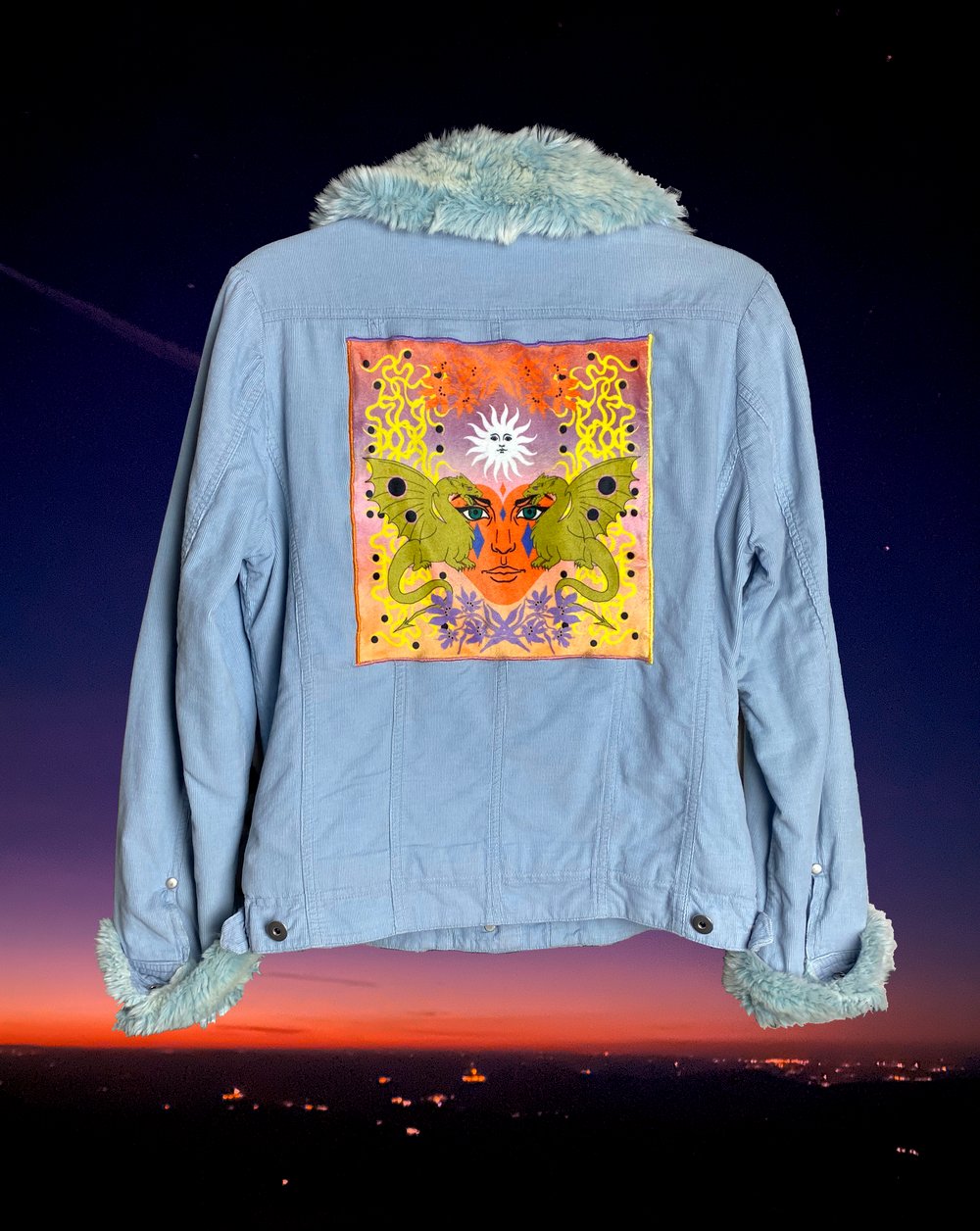 DRAGON GIRL baby blue corduroy fluffy jacket