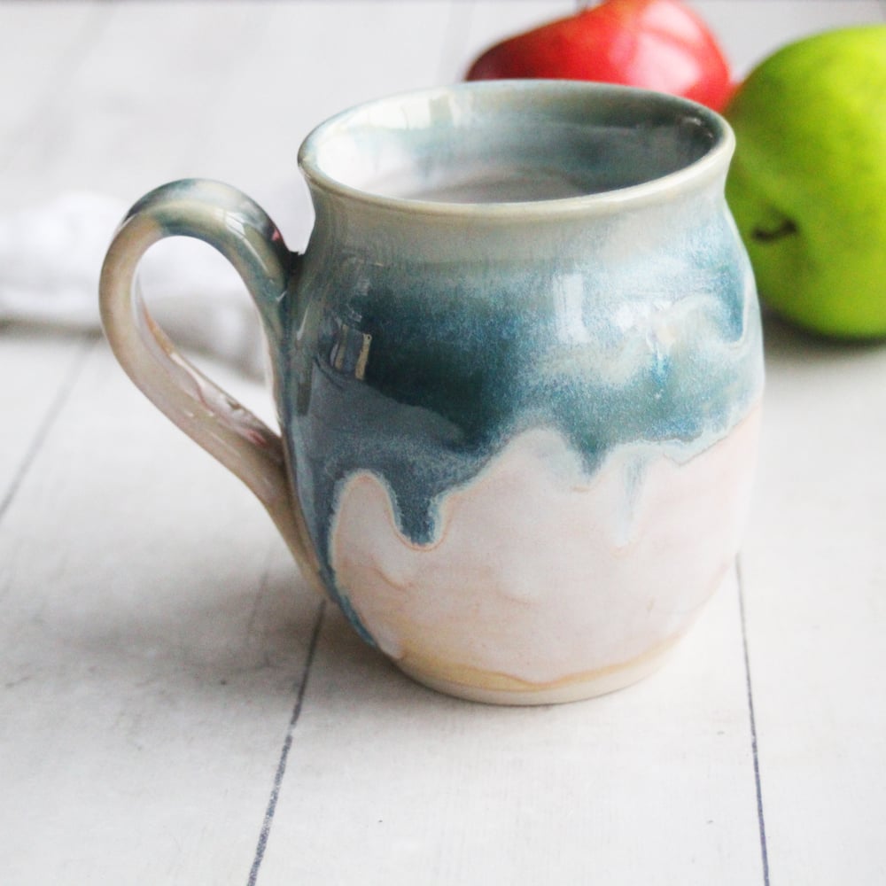 Image of Handmade Deep Ocean Blue and White Glazed Mug, 14 oz. Stoneware Pottery Coffee Cup, Made in USA