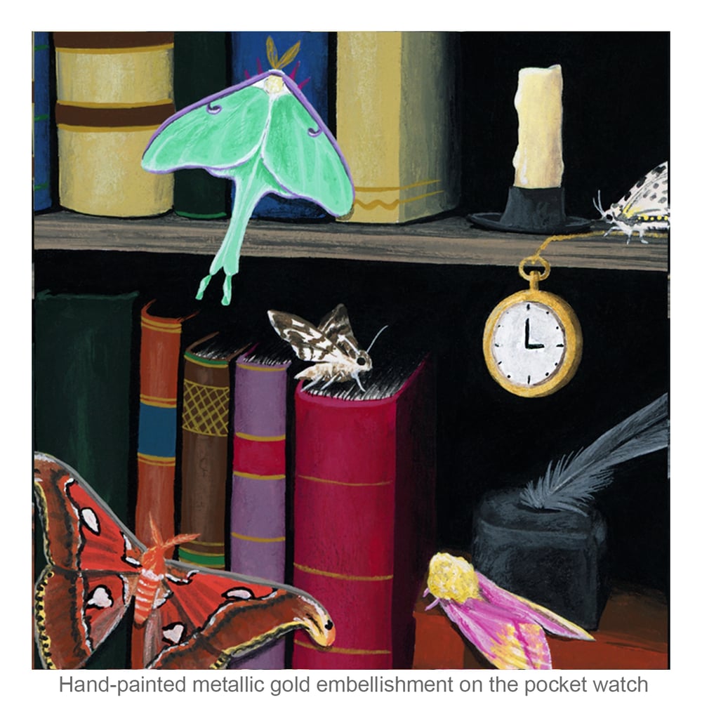 "Moth Bitten Library" Hand-Embellished Postcard Print