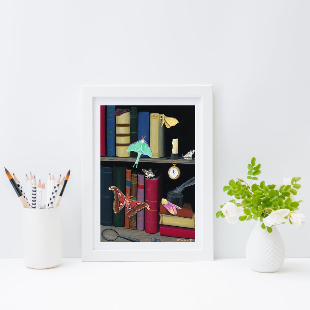 "Moth Bitten Library" Hand-Embellished Postcard Print