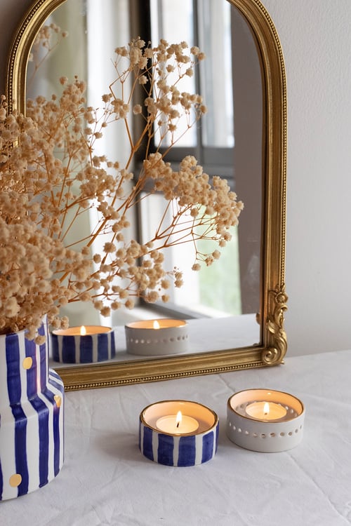 Image of STRIPED COBALT BLUE TEALIGHT - Set of Two