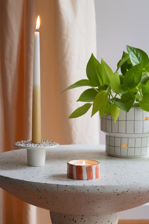 Image of STRIPED TERRACOTTA TEALIGHTS - Set of Two