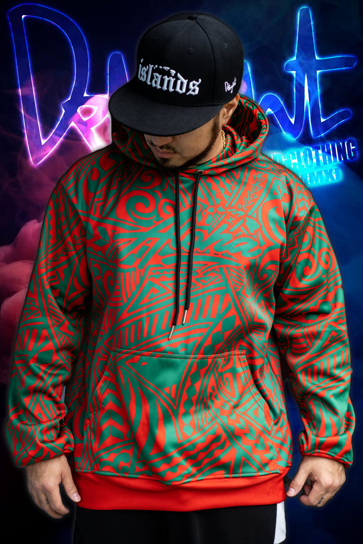 The "Ugly Christmas Hoodie" Aloha Islands - Red/Forest Green Tribal