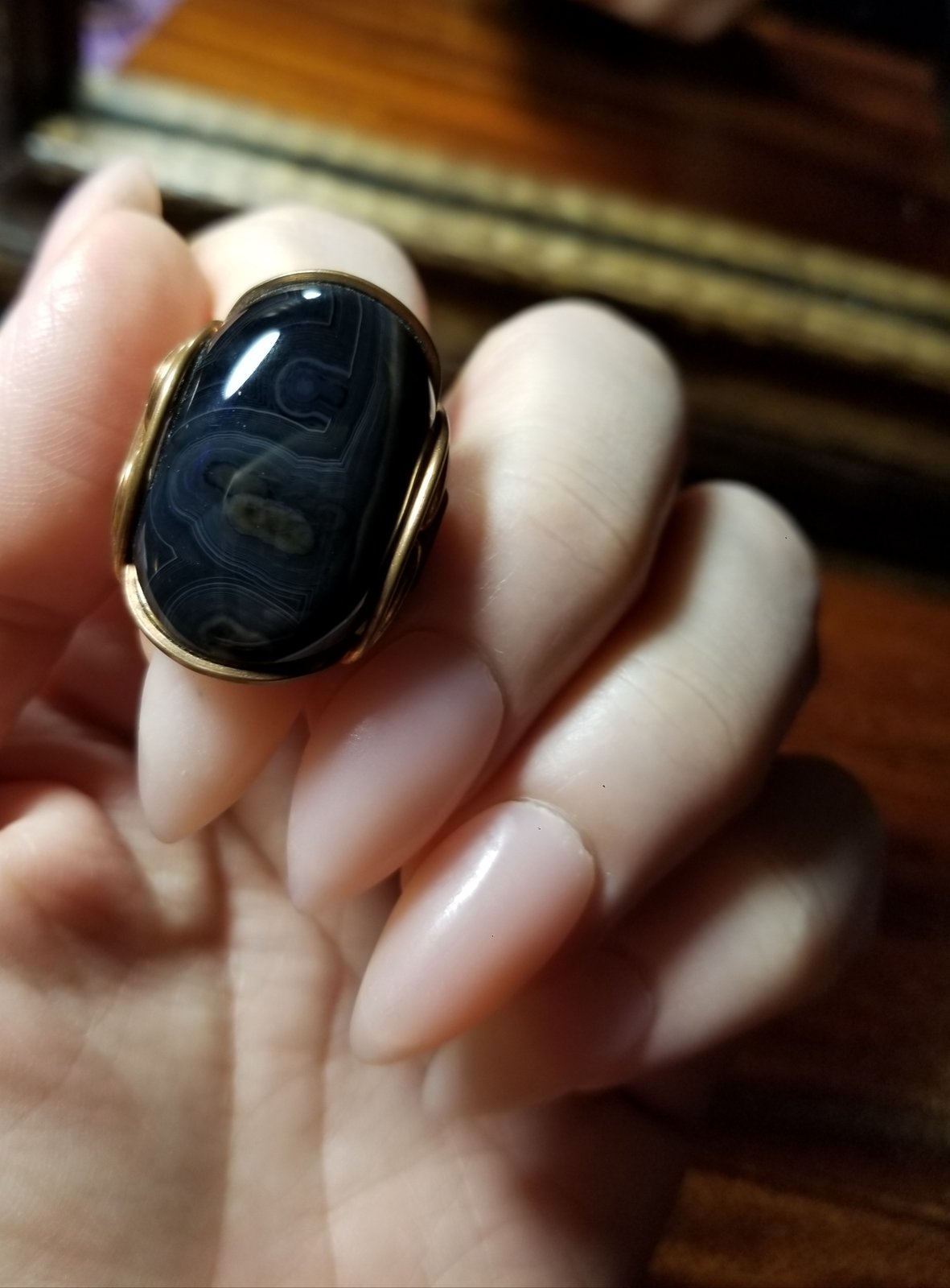 Black Agate Ring, Size 8.5, Copper, Wrapped Statement