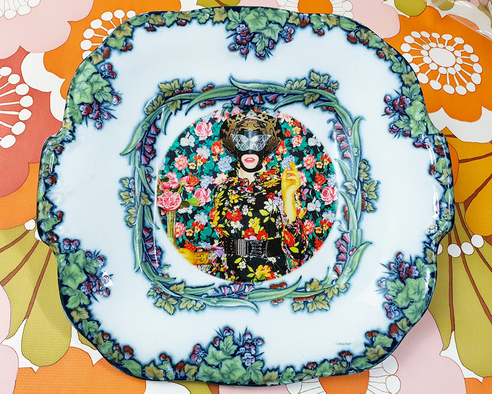 Miss Meatface One-of-a-Kind Large Vintage Floral Photo Plate