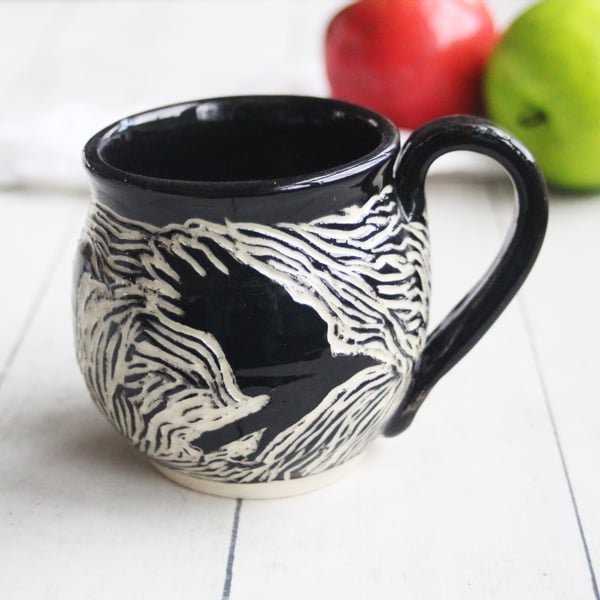 Image of Black Crow Sgraffito Mug, Hand Carved Raven Coffee Cup, 12 oz., Made in USA