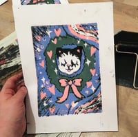 Christmas Kitty Original A5 Linocut Print