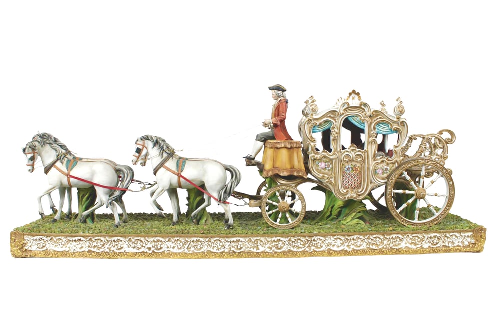 Image of Rare Vintage Monumental Porcelain Horse Drawn Victorian Carriage centerpiece group
