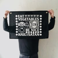 EAT VEG RIDE BIKES BE NICE HAIL SATAN WALL HANGING