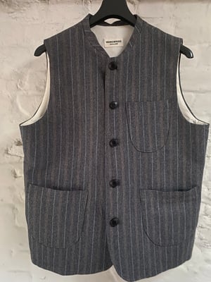 Image of CLAYTON GILET - Grey & brown Stripe wool mix 