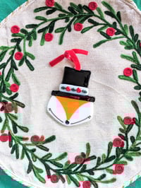 Image 3 of Jolly Holly Top Hat Fox Fused Glass Ornament