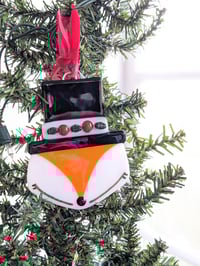 Image 4 of Jolly Holly Top Hat Fox Fused Glass Ornament