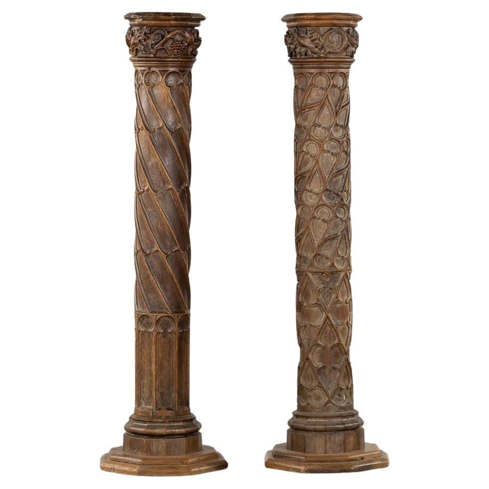 Image of Pair of antique wood carved Gothic Revival architectural Columns
