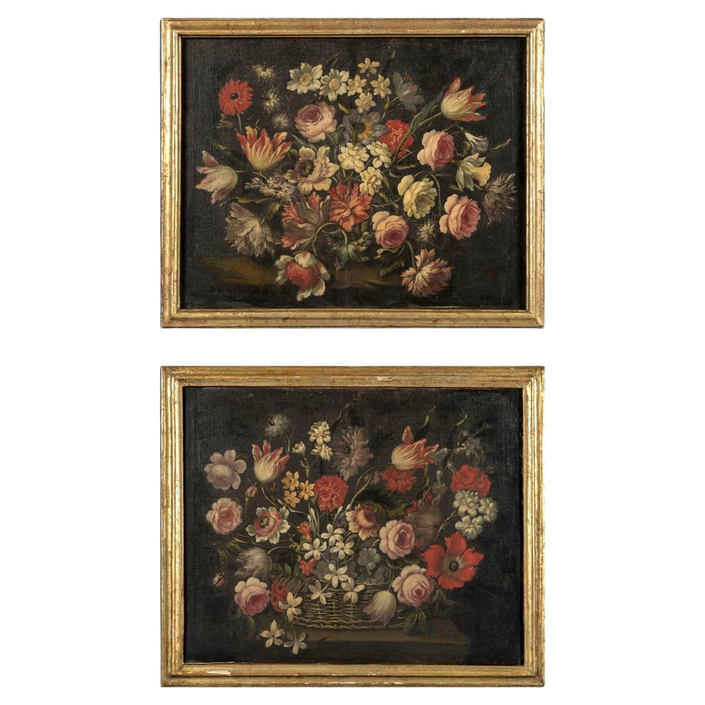 Image of A beautifully aged pair of 17th century Baroque Italian Floral Still Life Paintings