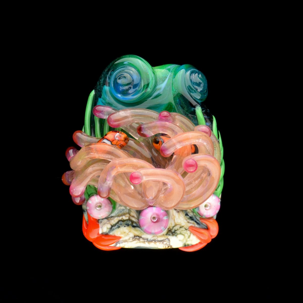 Image of XXXL. Dusty Rose Anemone with Clownfish - Flamework Glass Sculpture
