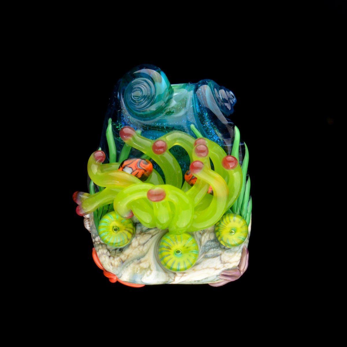 Image of XXXL. Bright Green Anemone with Clownfish Coral Reef Sculpture Bead - Flamework Glass
