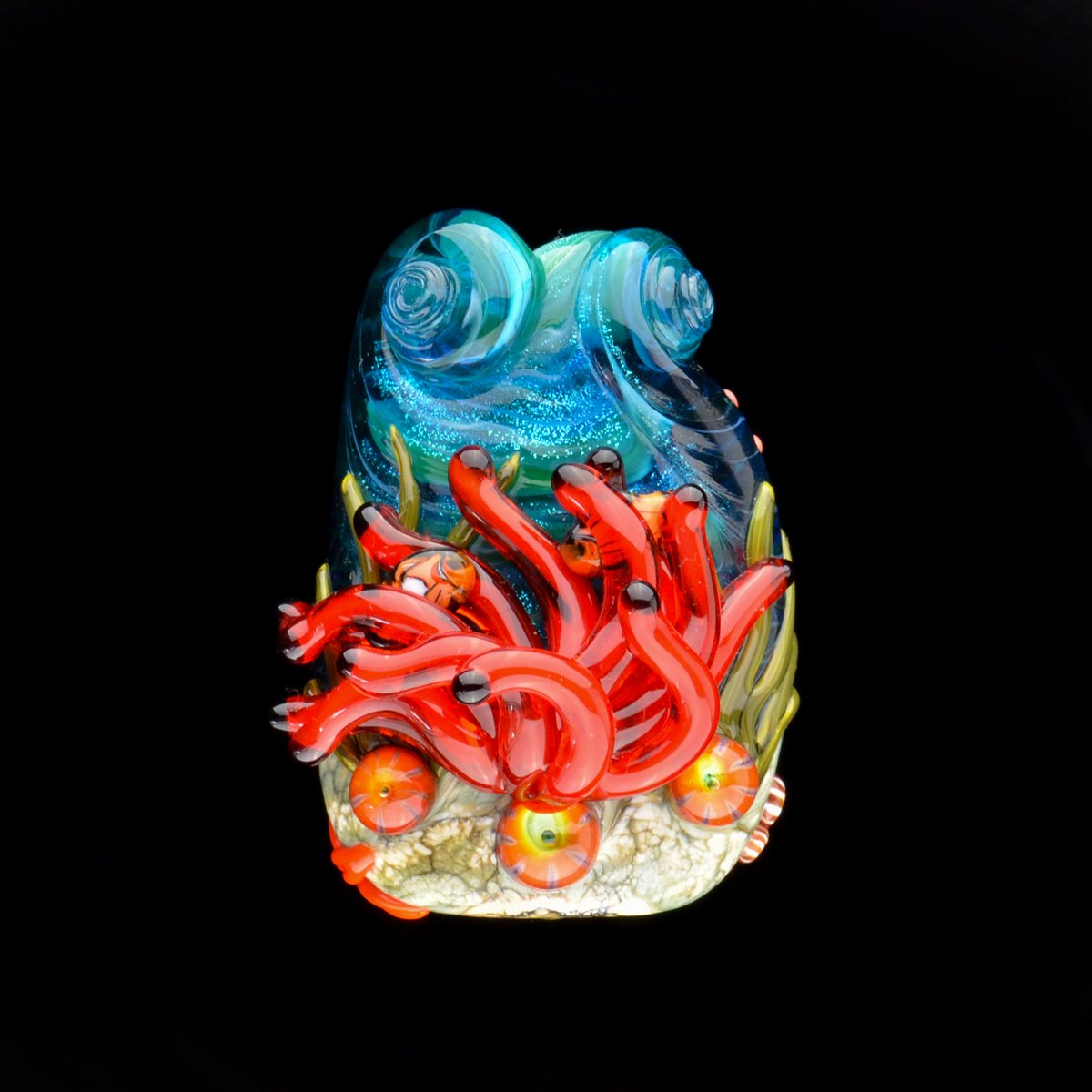 Image of XXXL. Firecracker Anemone with Clownfish Coral Reef Glass Sculpture - Flameworked Glass