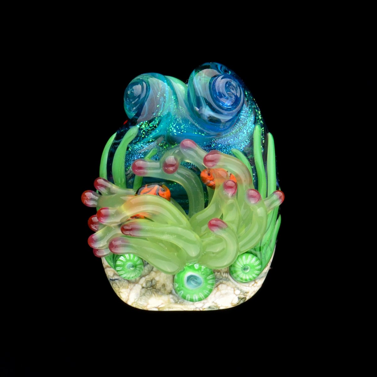 Image of XXXL. Kiwi Green Anemone with Clownfish Coral Reef Glass Sculpture - Flameworked Glass