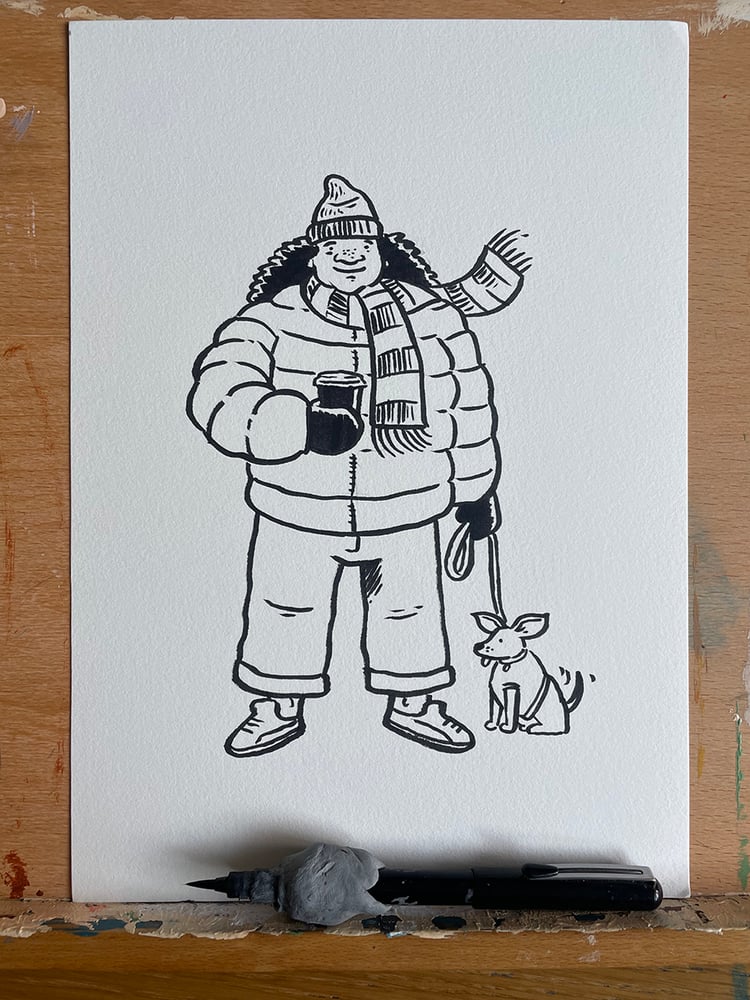 Image of A4 Ink Drawing of a person walking their dog
