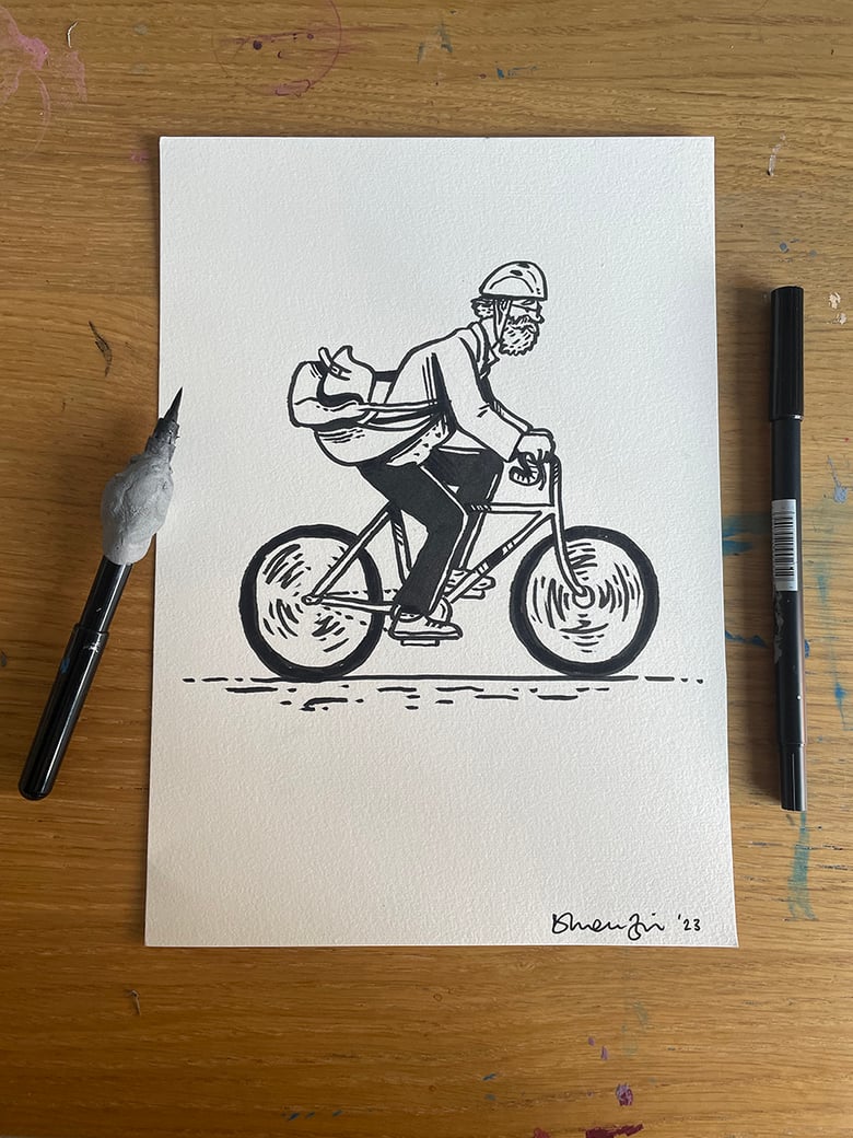 Image of A4 drawing of a person on a bike