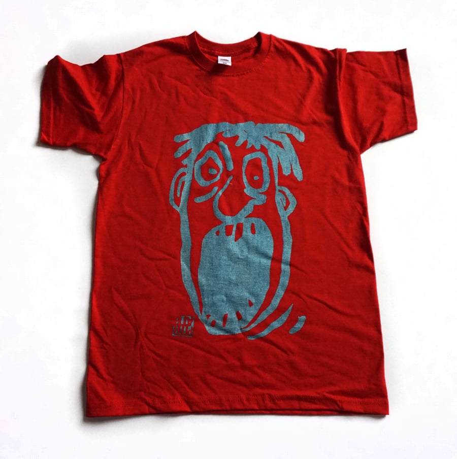Image of "Screamer" Tshirt Size S / Silver-blue on red.