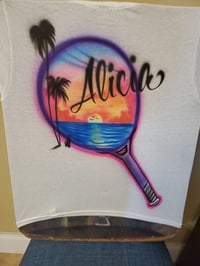 Image of Personalized Airbrush Tennis Theme T-Shirt with Sunset Scene