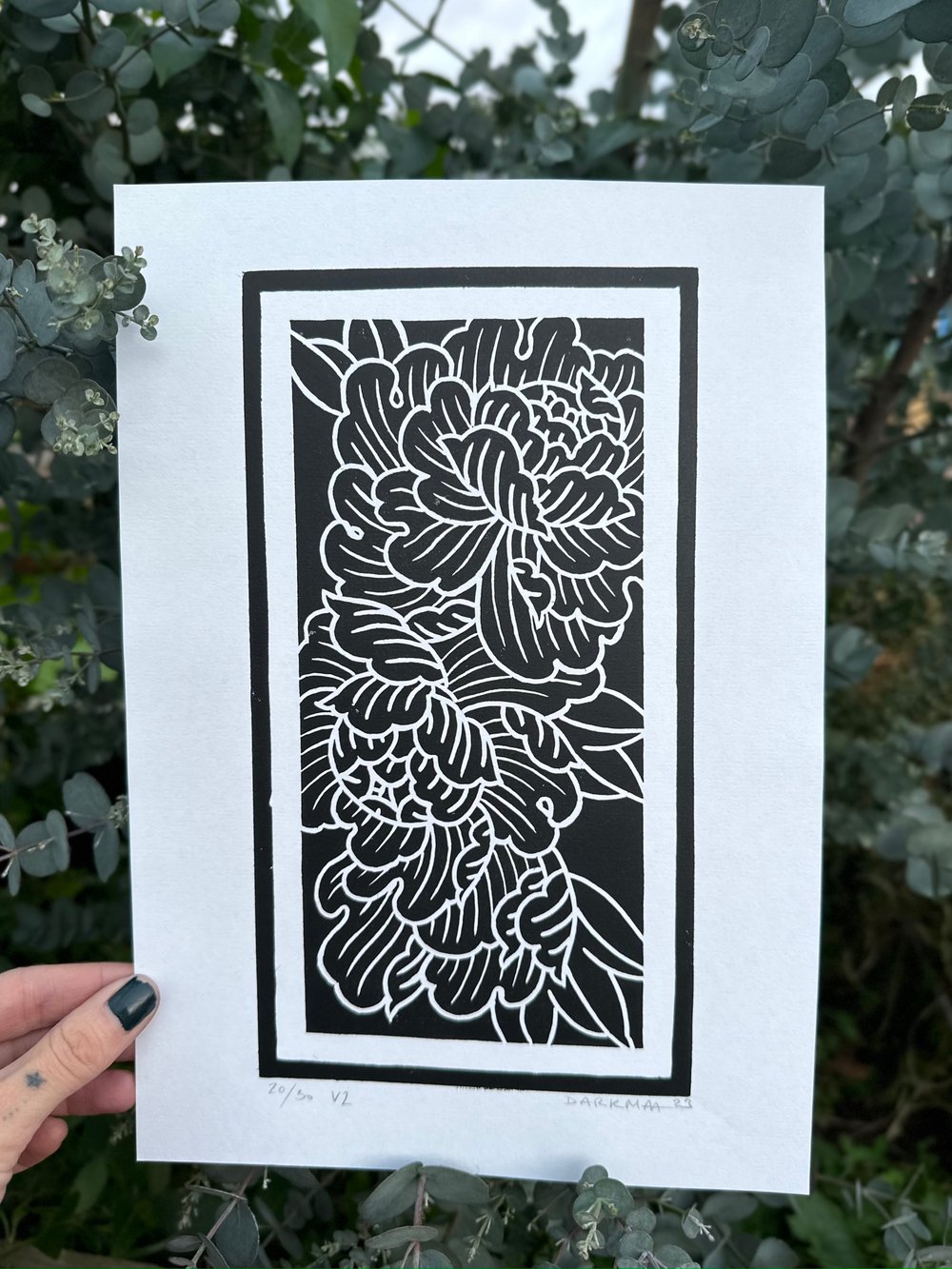 Peony Linocut Print by Darkmaa