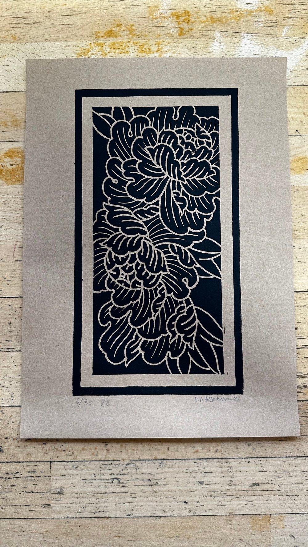Peony Linocut Print by Darkmaa