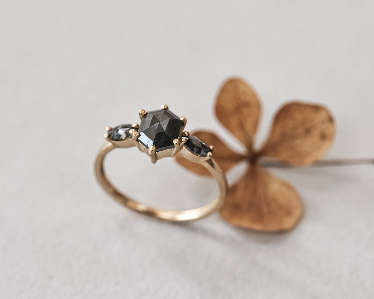 Image of 18ct yellow gold, natural dark grey hexagonal diamond trilogy ring (LON219)