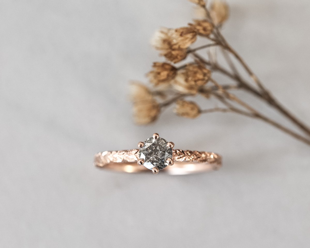 Image of 18ct Rose Gold, Brilliant cut, grey Salt and Pepper diamond Laurel Leaf carved ring (IOW220)