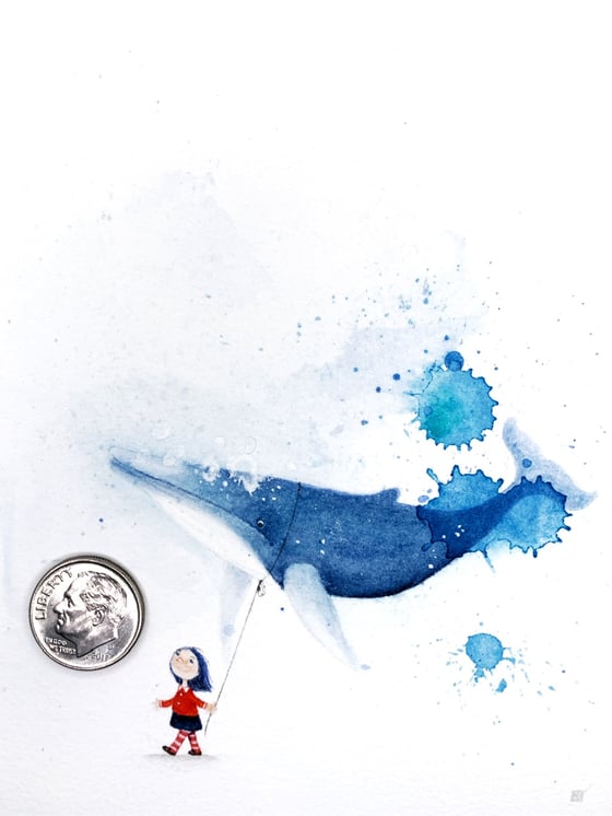 Image of Walking Her Whale - an original tiny watercolor