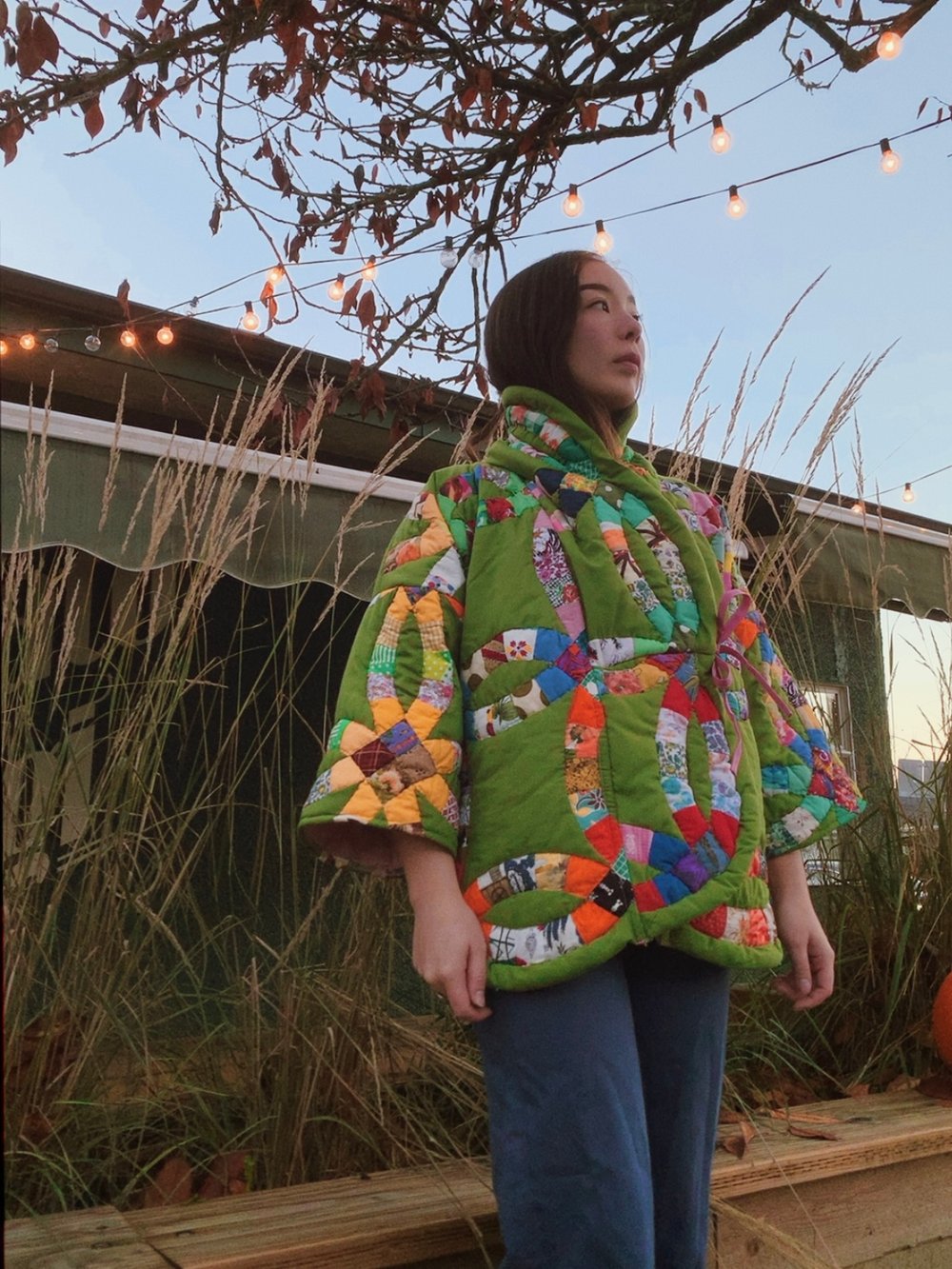 Image of Quilt Wrap Tie Coat — Green Wedding Ring 