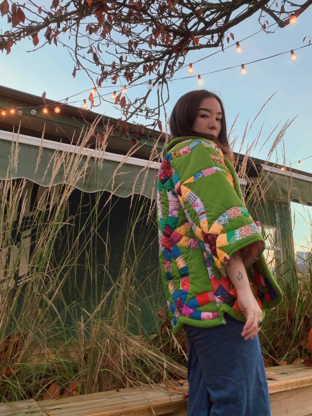 Image of Quilt Wrap Tie Coat — Green Wedding Ring