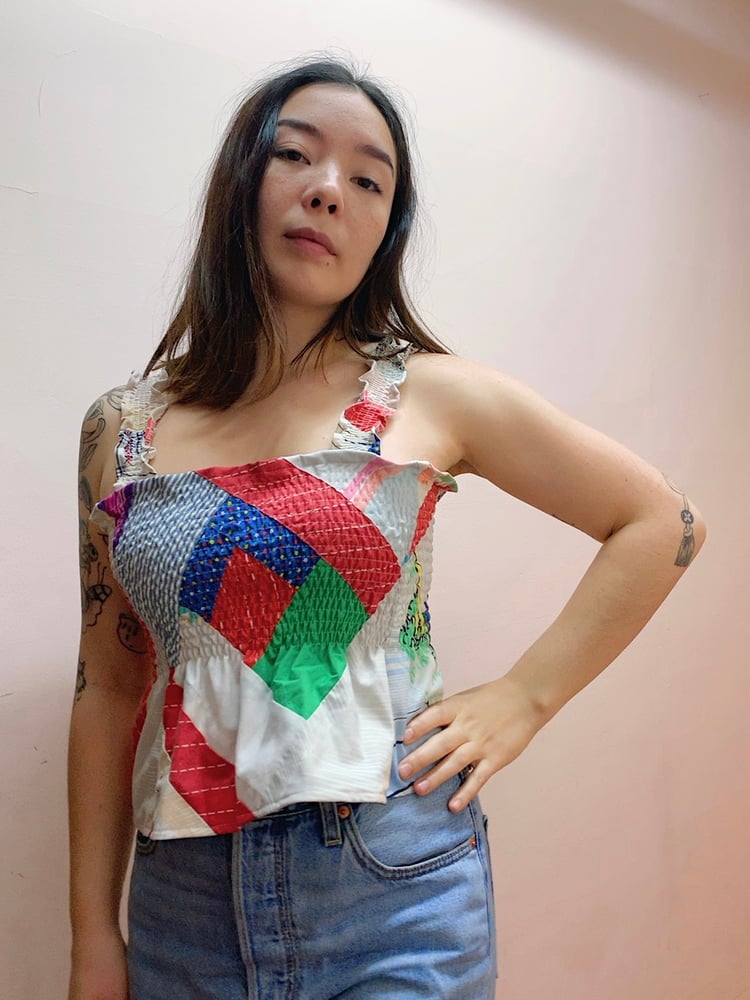 Image of Shirred Ruffle Top — Patchwork Quilt