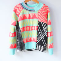 Image 1 of neon chevron plaid colorful happy patchwork 5T courtneycourtney long sleeve raglan sweater