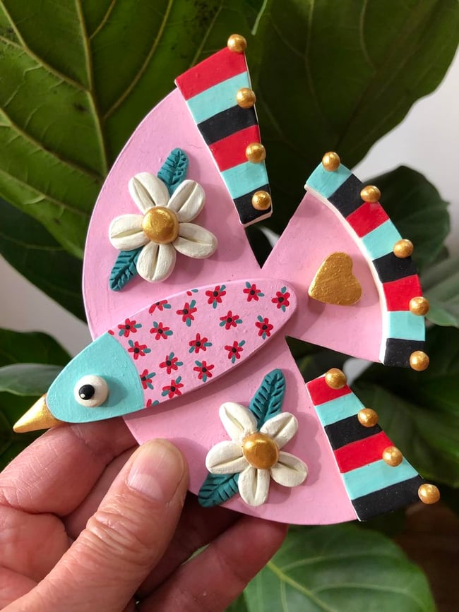 MAGICAL series - Pink Bird with Flowers Clay Sculpture