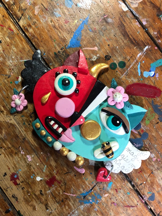 MAGICAL series - Cat with Horn, Wings and Bees Clay Sculpture