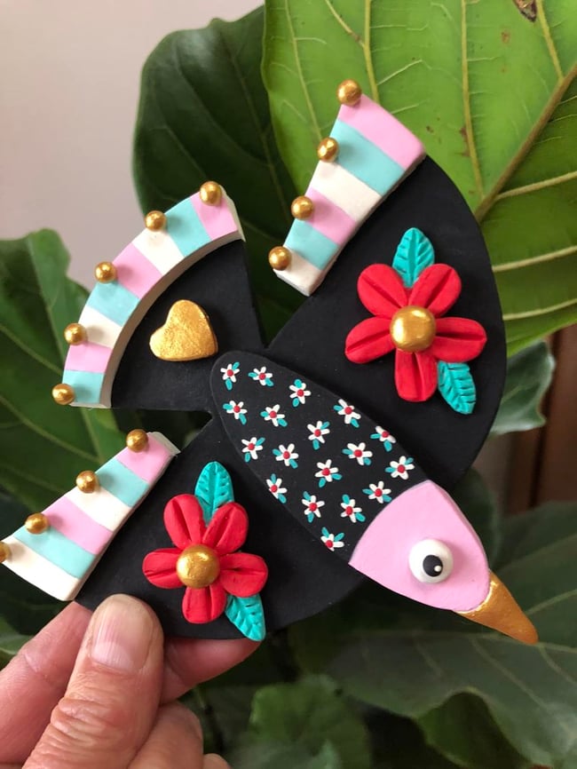 MAGICAL series - Black Bird with Flowers Clay Sculpture