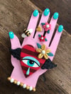 MAGICAL series - Pink Hand with Eye and Bee Clay Sculpture