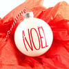 HANDCRAFTED GLASS BALL ORNAMENT 3" - NOEL White w/ Red Vinyl