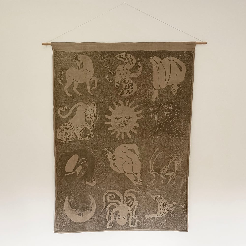 Lithographed beasts silk wall hanging - grey on taupe